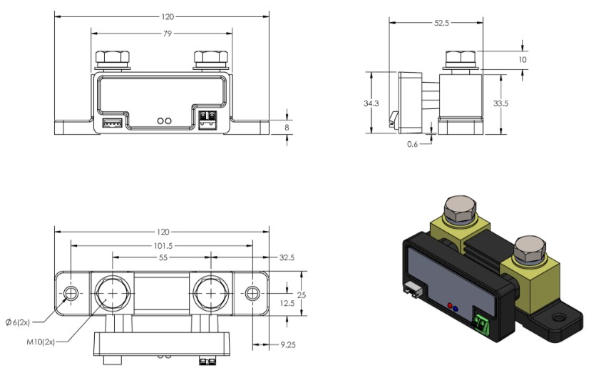 Schéma dimension contrôleur batterie VICTRON Smartshunth